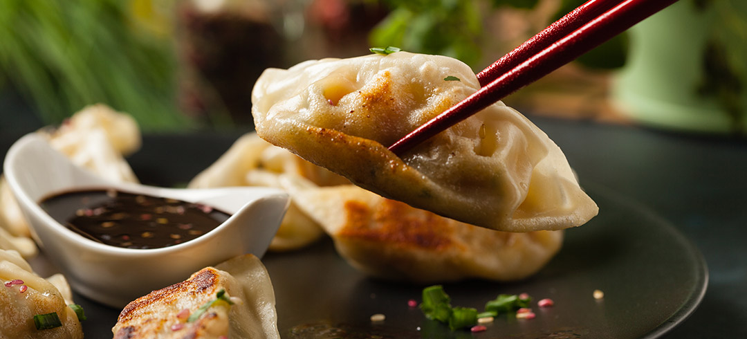 Persona cogiendo una gyoza con palillos chinos